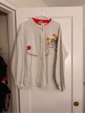 Light Gray Embroidered Cat Button-Up Sweater